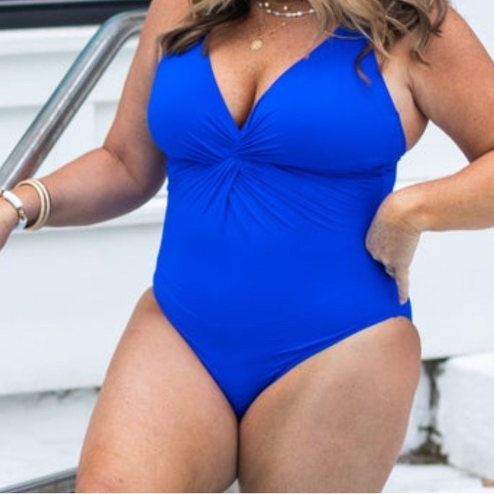 Royal Blue One Piece Swimsuit with Plunging V-Neckline and Twist Detail